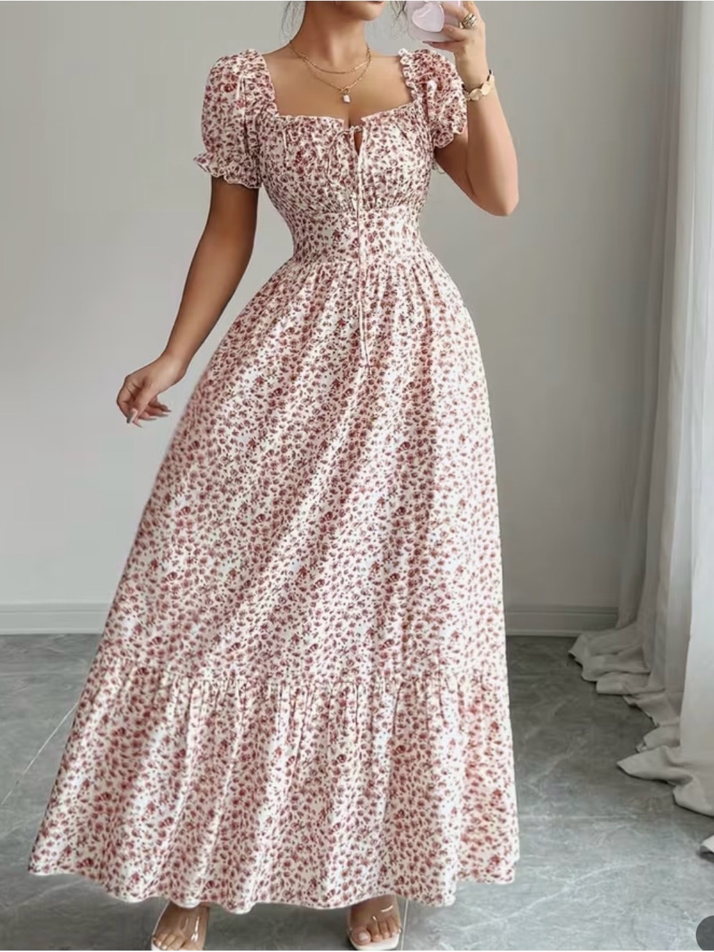 Floral Puff-Sleeve Maxi Dress in Blush